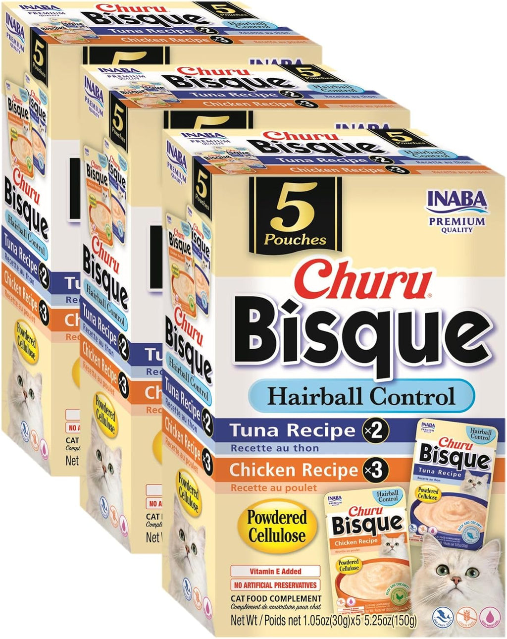 INABA Churu Bisque Indoor Care for Hairball Control for Cats, Creamy Lickable Pure Side Dish with Vitamin E, 1.05 Ounce Pouch, 15 Pouch, Tuna Recipe - Image 9