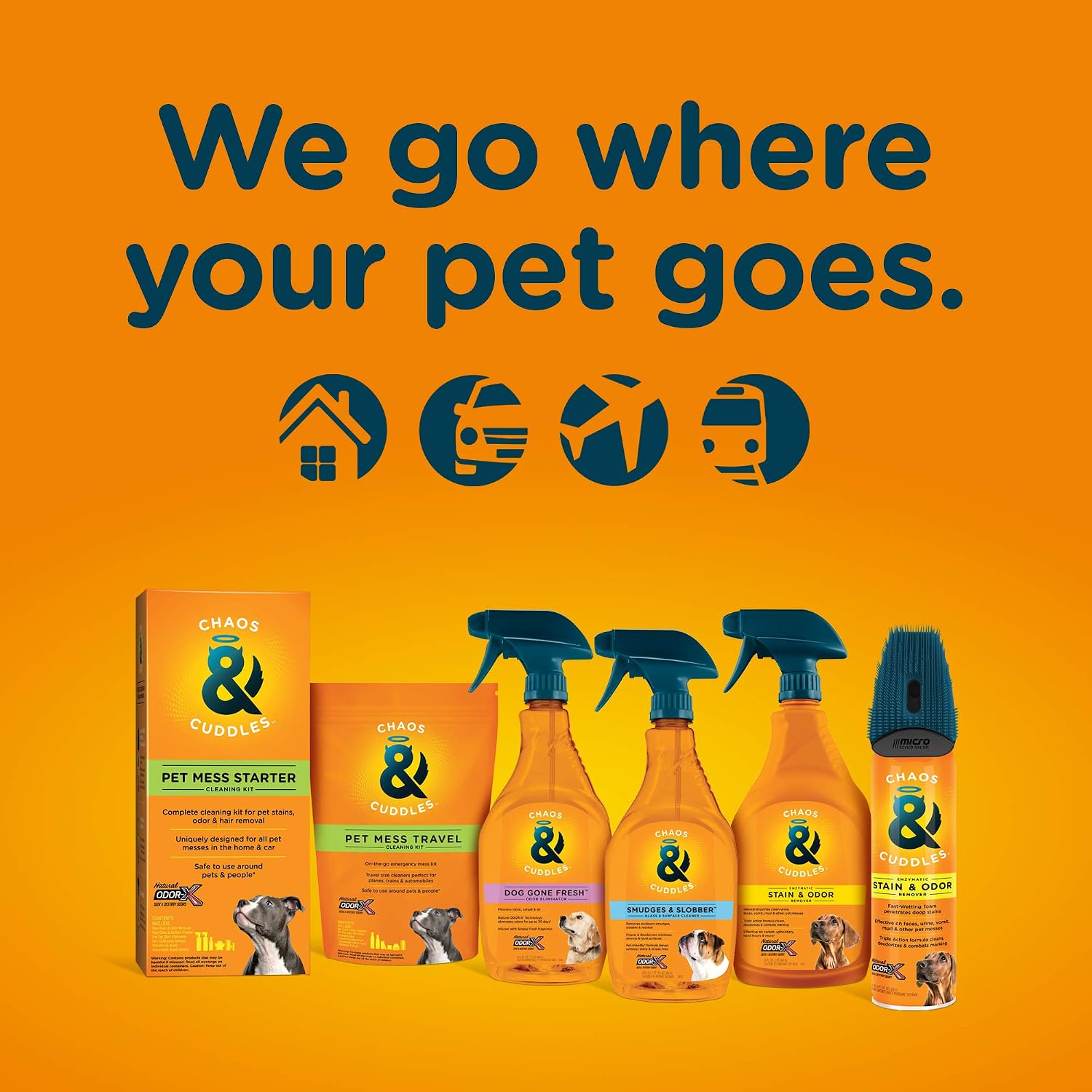 Back label of Chaos & Cuddles pet stain and odor remover showing directions for use and safety warnings