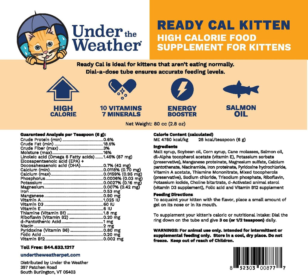 Under the Weather Pet | Ready Cal for Kitten | High Calorie Pet Nutritional Supplement for Weight Gain & Healthy Weight Maintenance | 10 Vitamins, 7 Minerals, Omega Fatty Acids & Carbohydrates | 80cc - Image 2