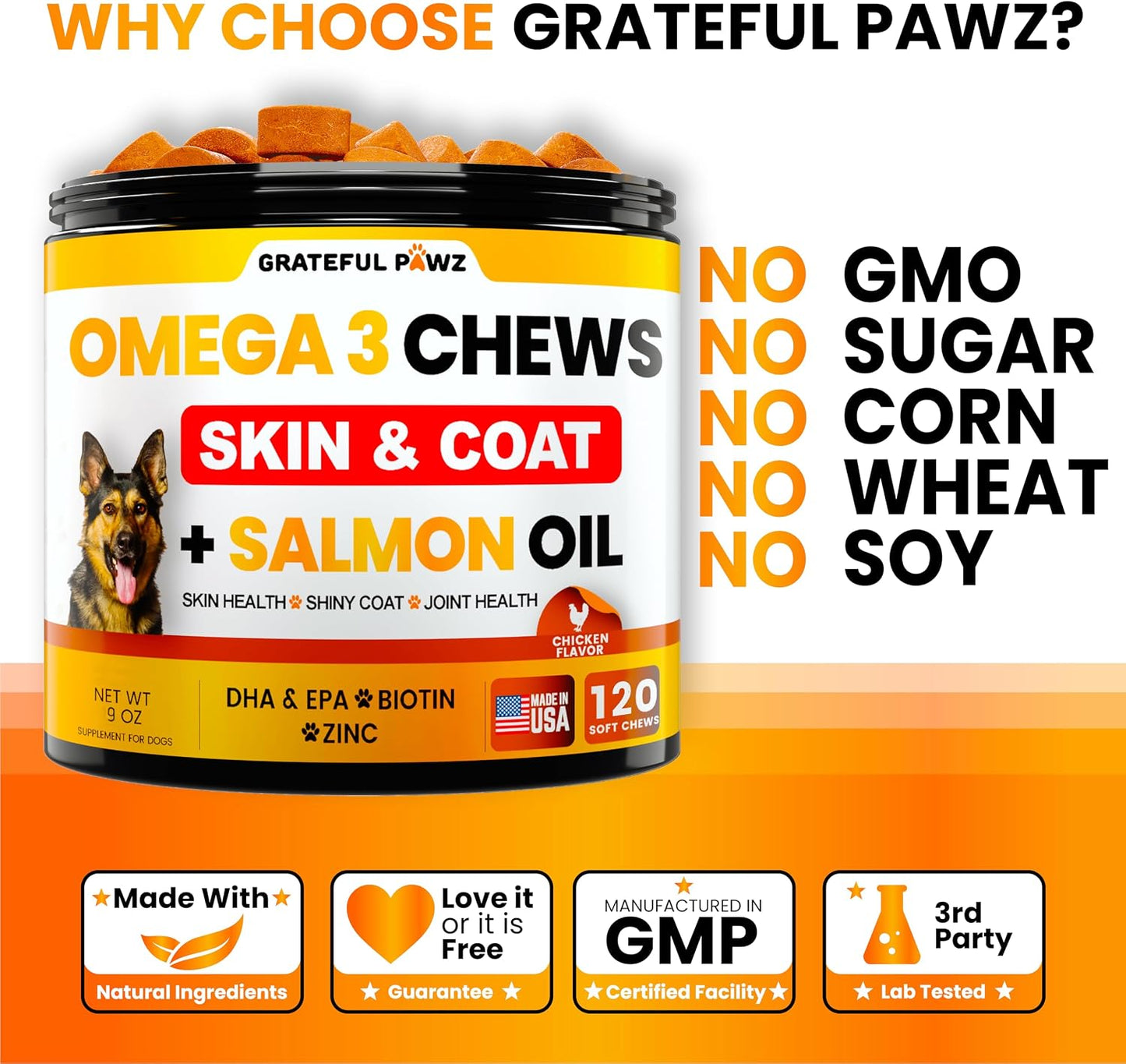 Grateful Pawz EPA and DHA fish oil chews displaying approximately 120 count quantity.