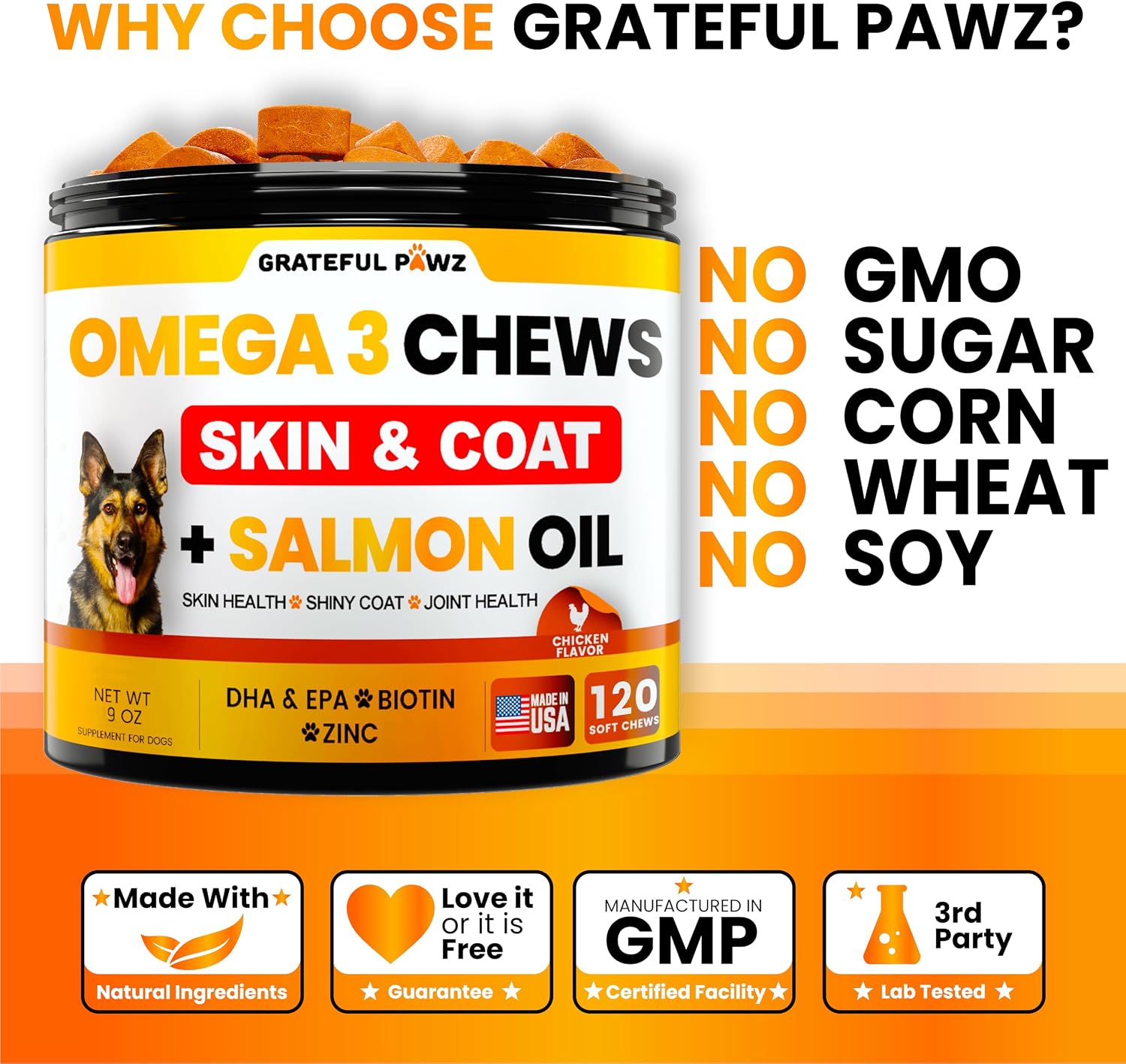 Grateful Pawz EPA and DHA fish oil chews displaying approximately 120 count quantity.