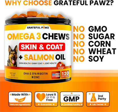 Grateful Pawz EPA and DHA fish oil chews displaying approximately 120 count quantity.