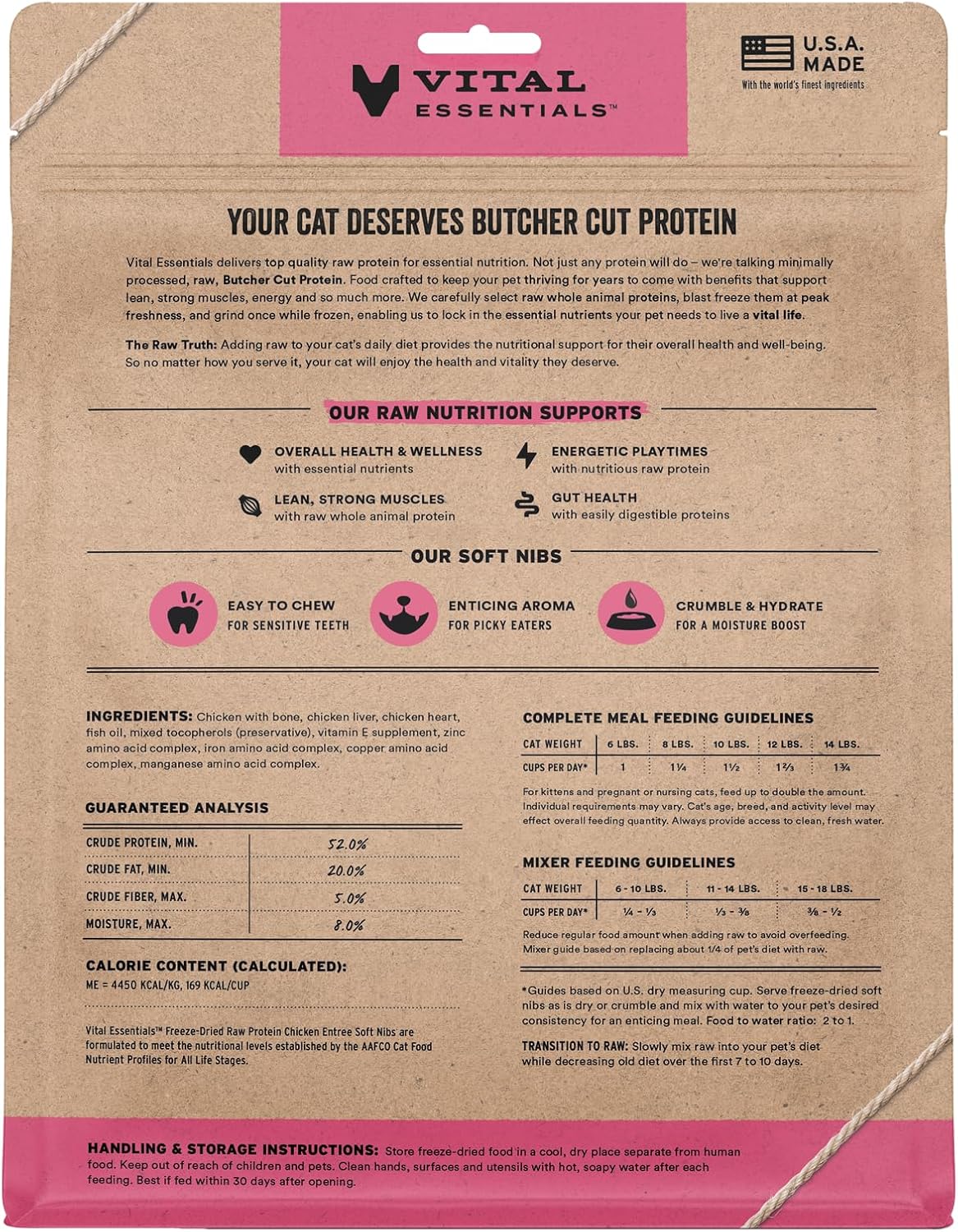 Vital Essentials raw chicken freeze dried cat food packaging showing ingredients