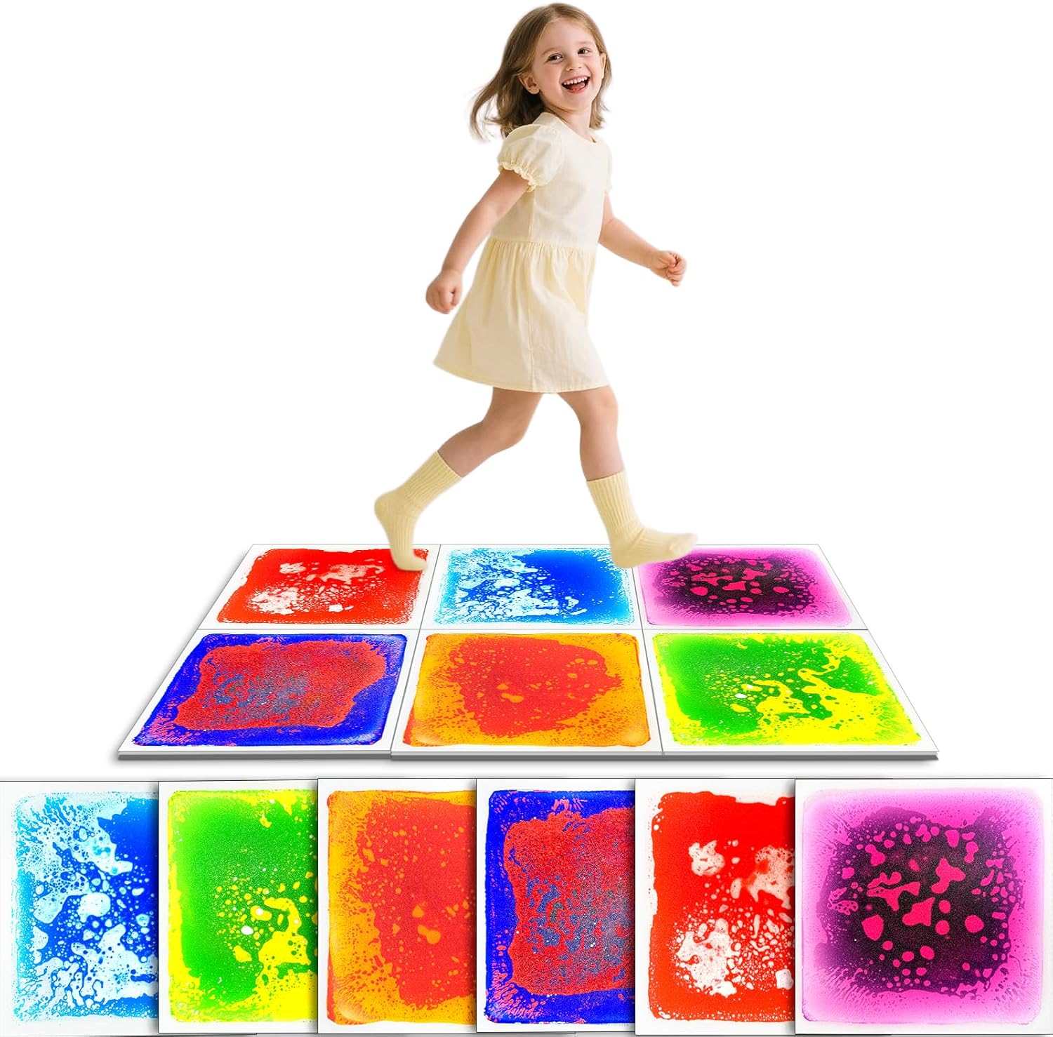 Onyoloy liquid sensory tiles floor pads front view showing six colorful interlocking squares filled with swirling fluid.