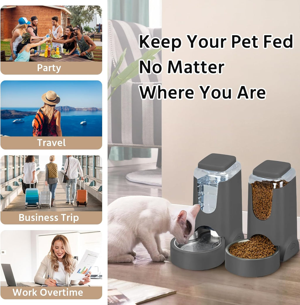 WyfKyd gravity pet food dispenser filled with dry kibble next to a full waterer.