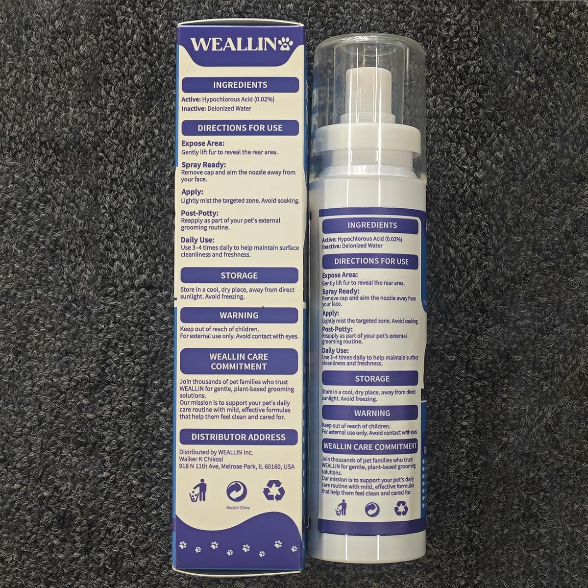 WEALLIN antimicrobial pet spray side view showing usage instructions