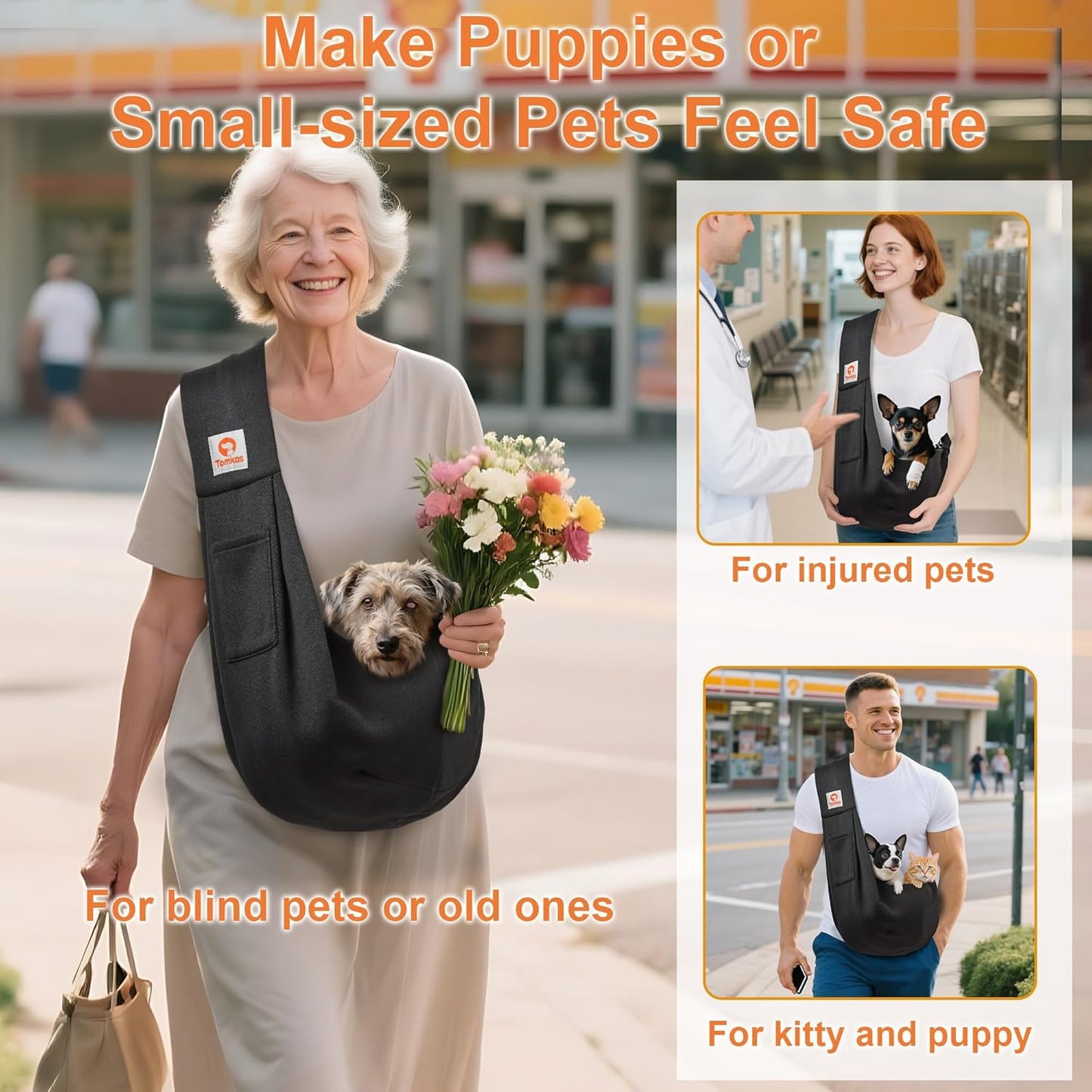 Pet owner wearing Tomkas dog sling with small puppy
