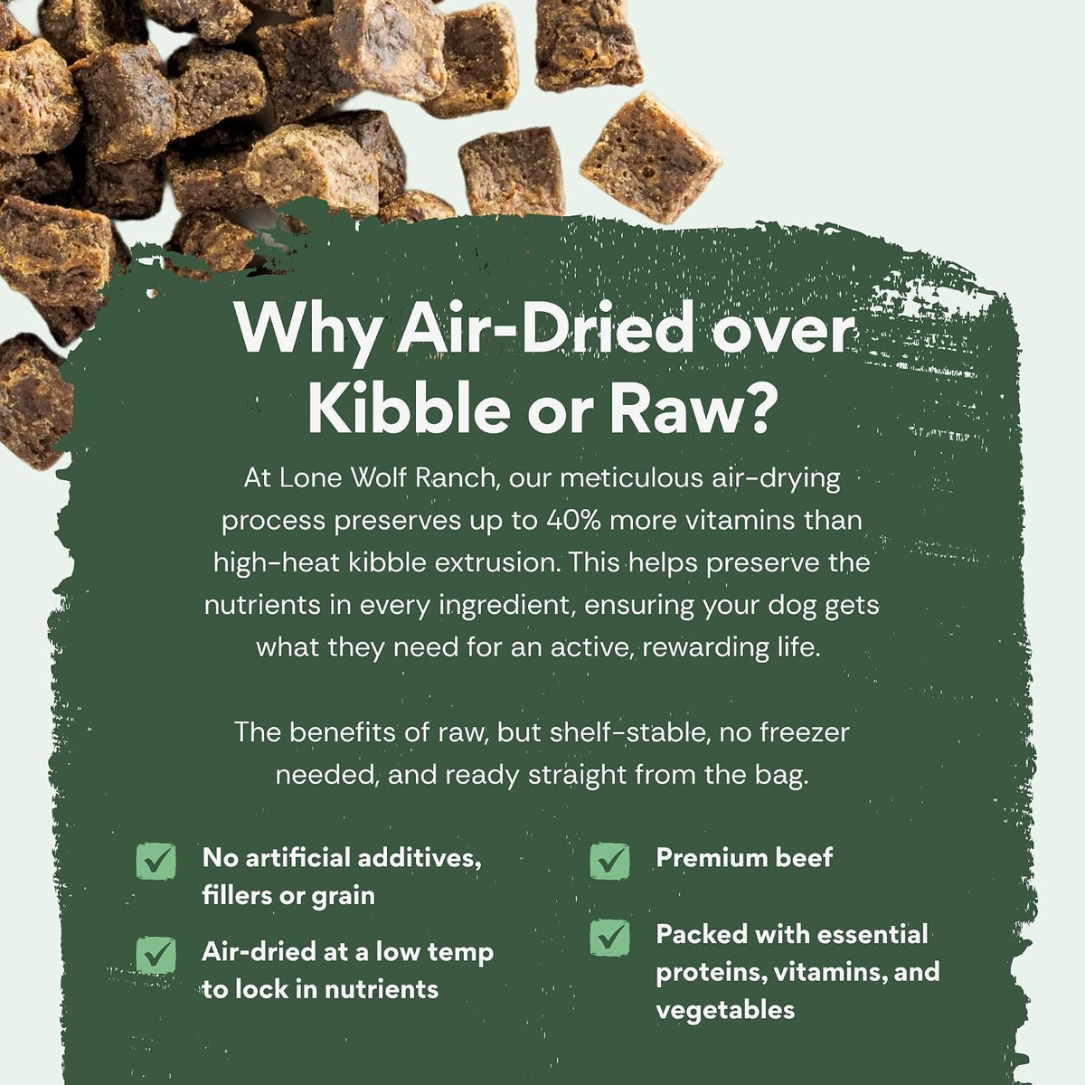 Lone Wolf Ranch premium beef formula pet food showing trace USA sourced ingredients badge