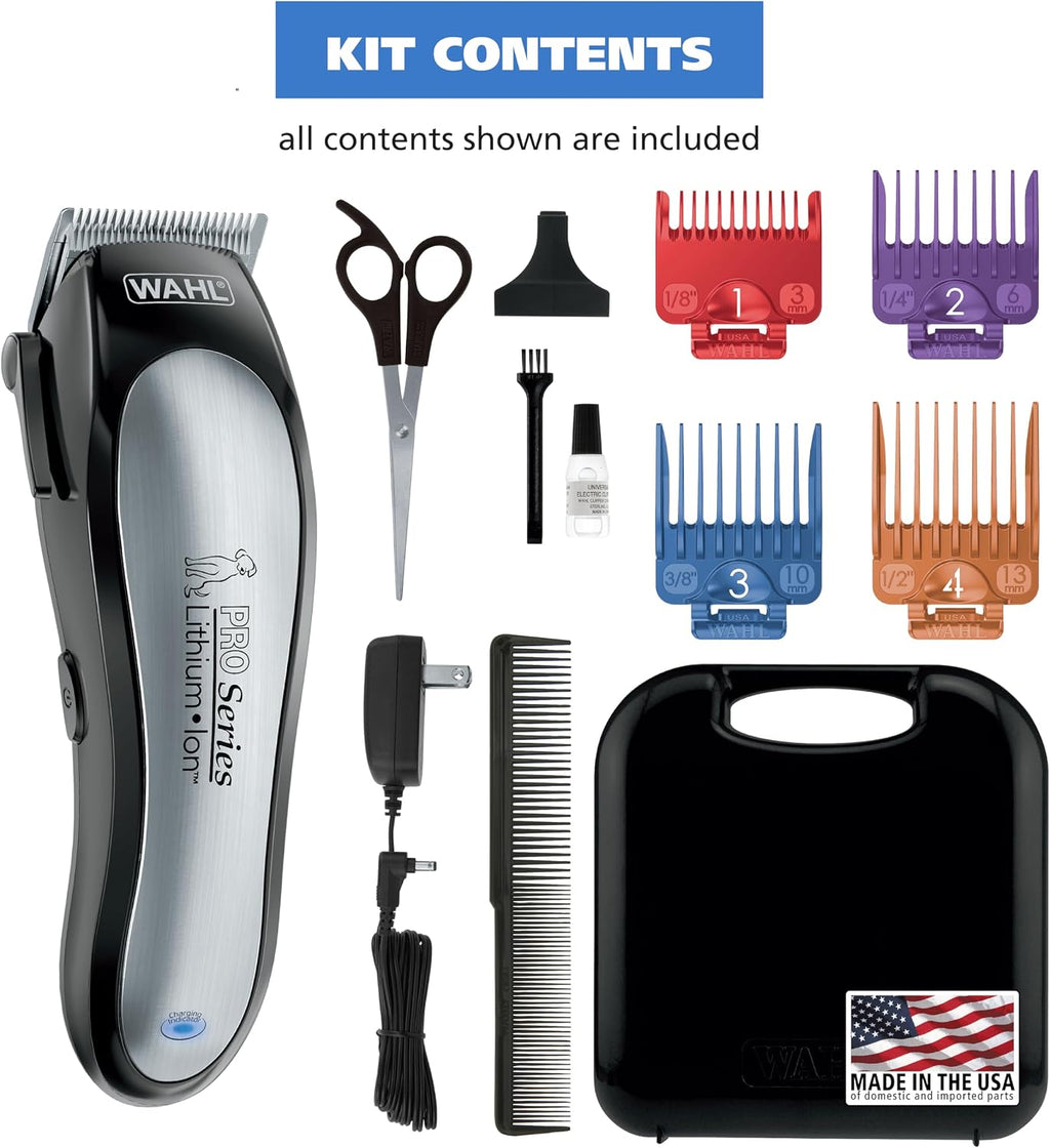Wahl 9766 heavy duty pet trimmer kit contents spread out neatly for home grooming.