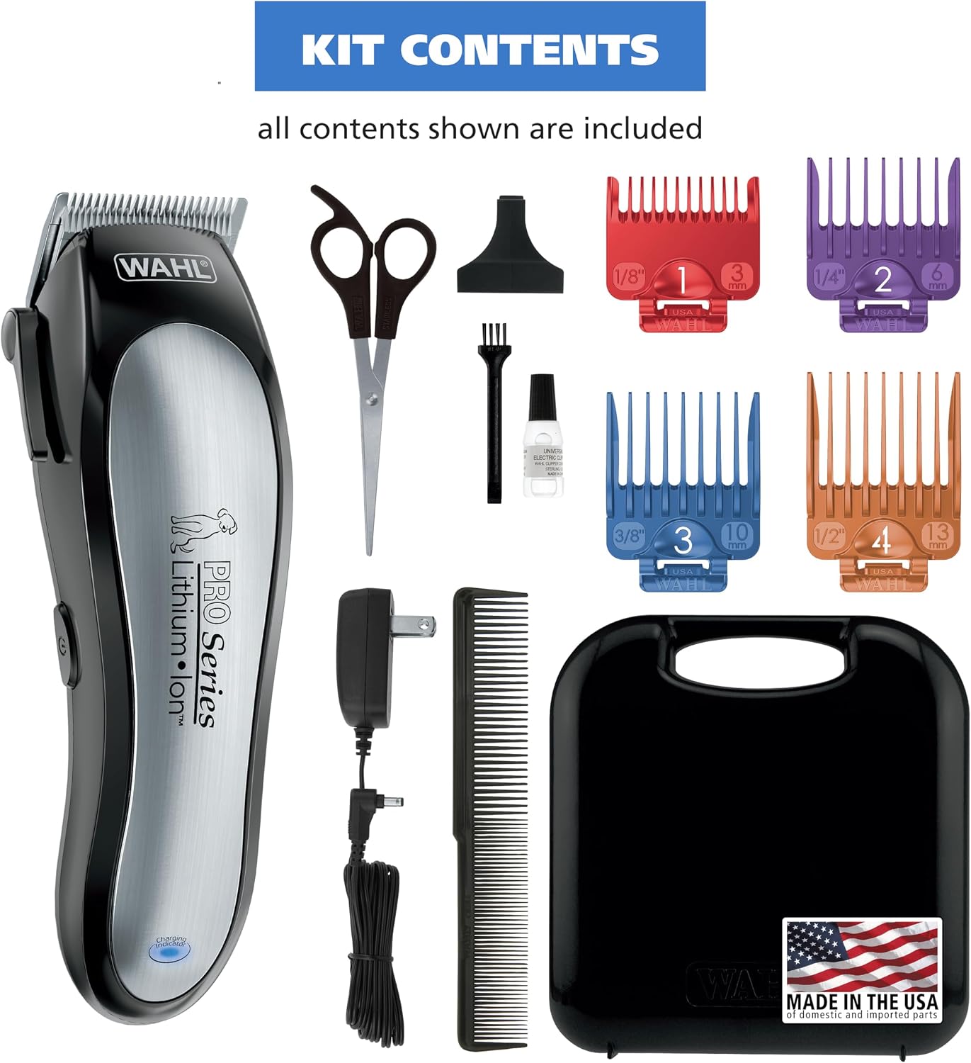 Wahl 9766 heavy duty pet trimmer kit contents spread out neatly for home grooming.