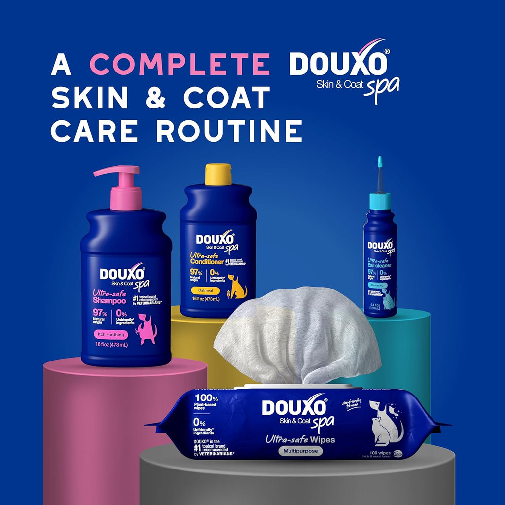 Professional studio shot of Douxo Spa dog shampoo for sensitive skin
