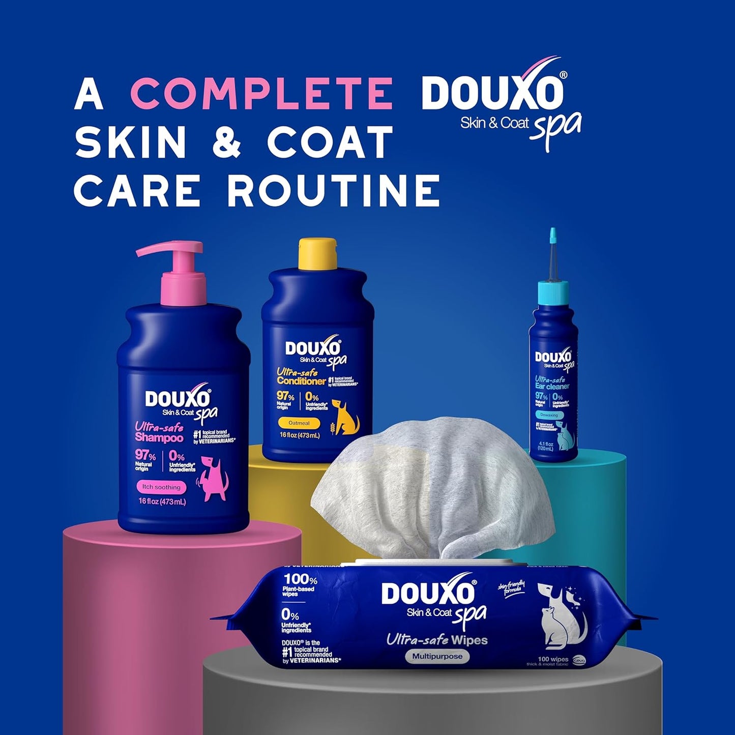 Professional studio shot of Douxo Spa dog shampoo for sensitive skin