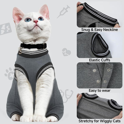 Female cat wearing Yternal recovery suit side profile