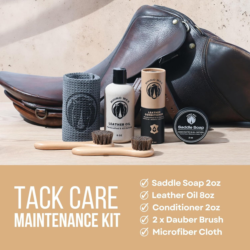 Rhino Wax premium all natural saddle soap and leather oil for equestrian gear restoration.
