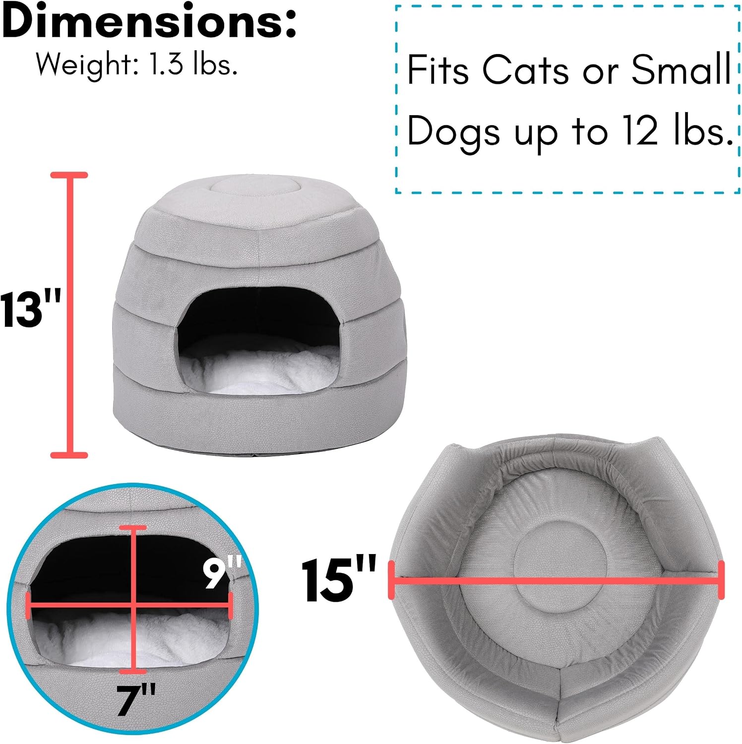 Birdrock Home 15 inch pet bed displaying the premium foldable design dimensions