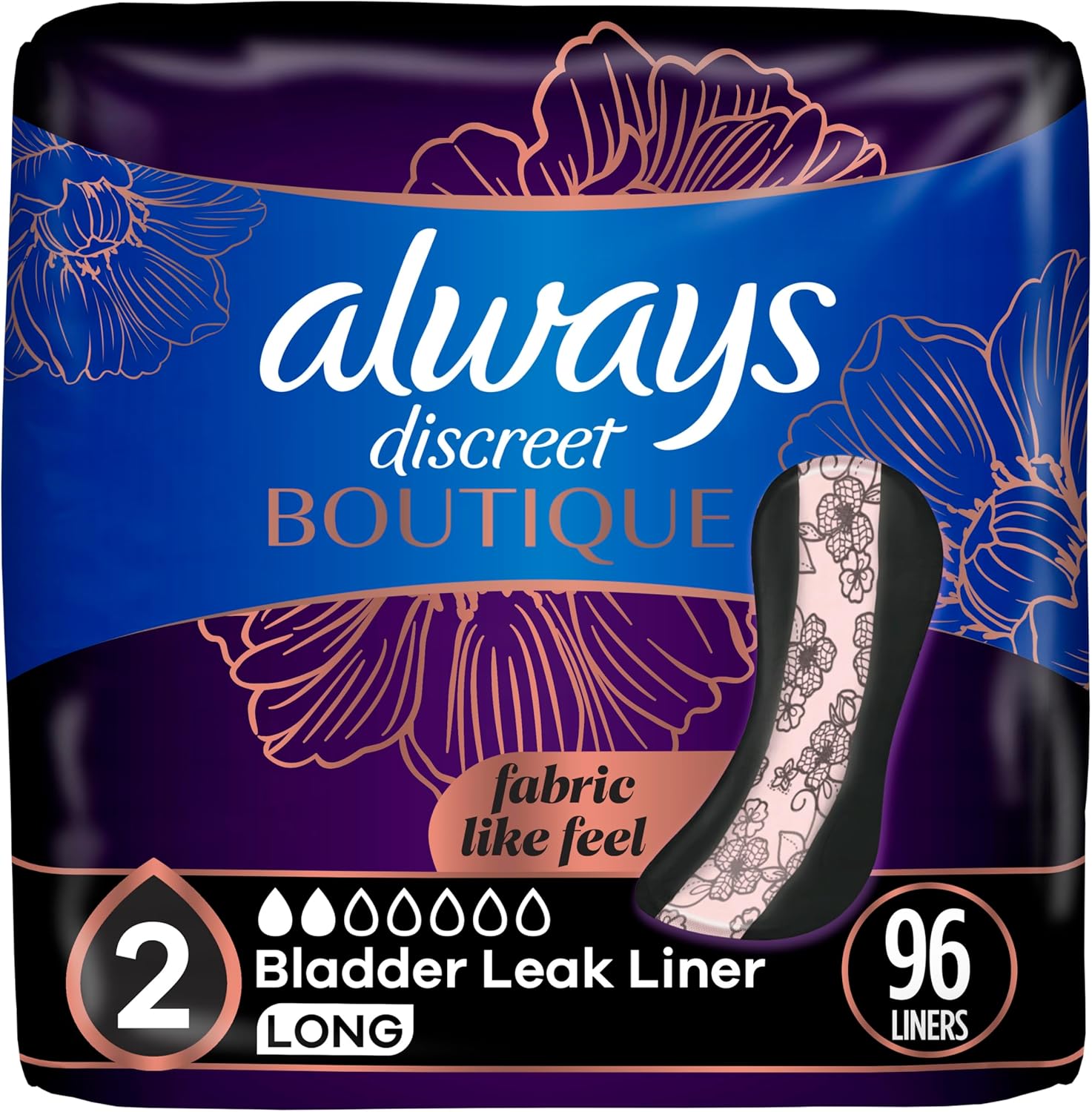 Always Discreet Boutique Incontinence Panty Liners front packaging 96 count.