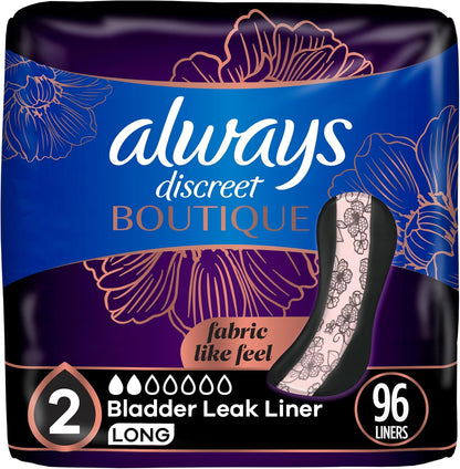 Always Discreet Boutique Incontinence Panty Liners front packaging 96 count.