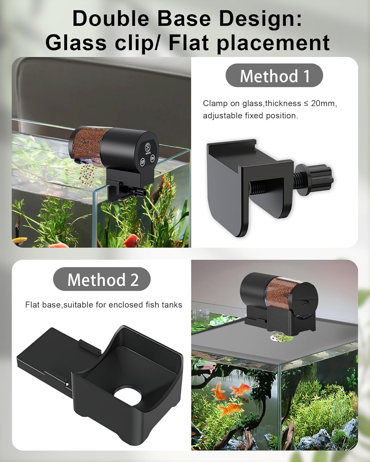 Black automatic aquarium food dispenser with adjustable feeding timer