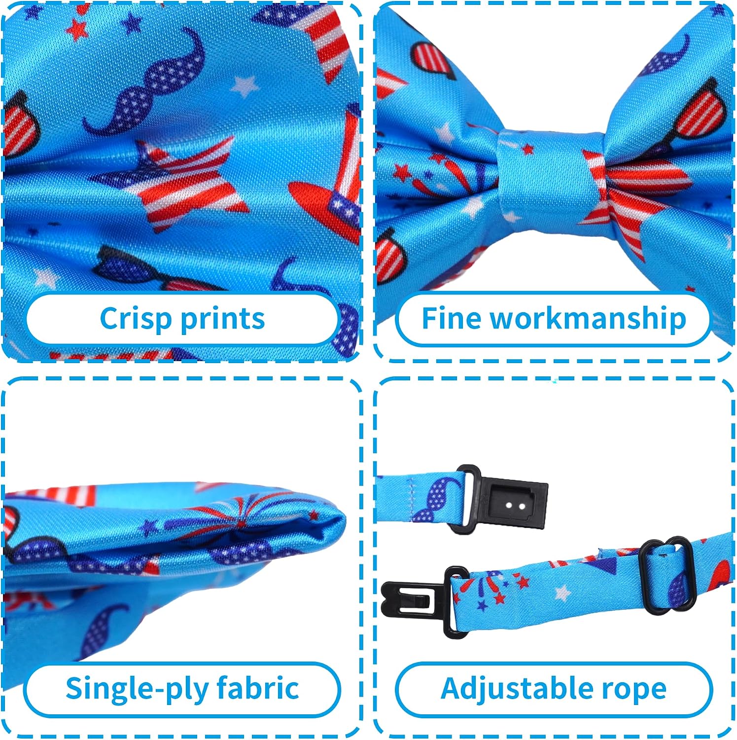 Close up of red white and blue stars and stripes grooming bows