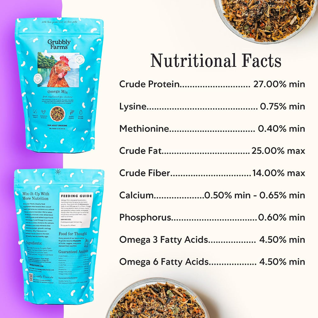 Grubbly Farms Omega Mix supplement bag showing 1 pound net weight details