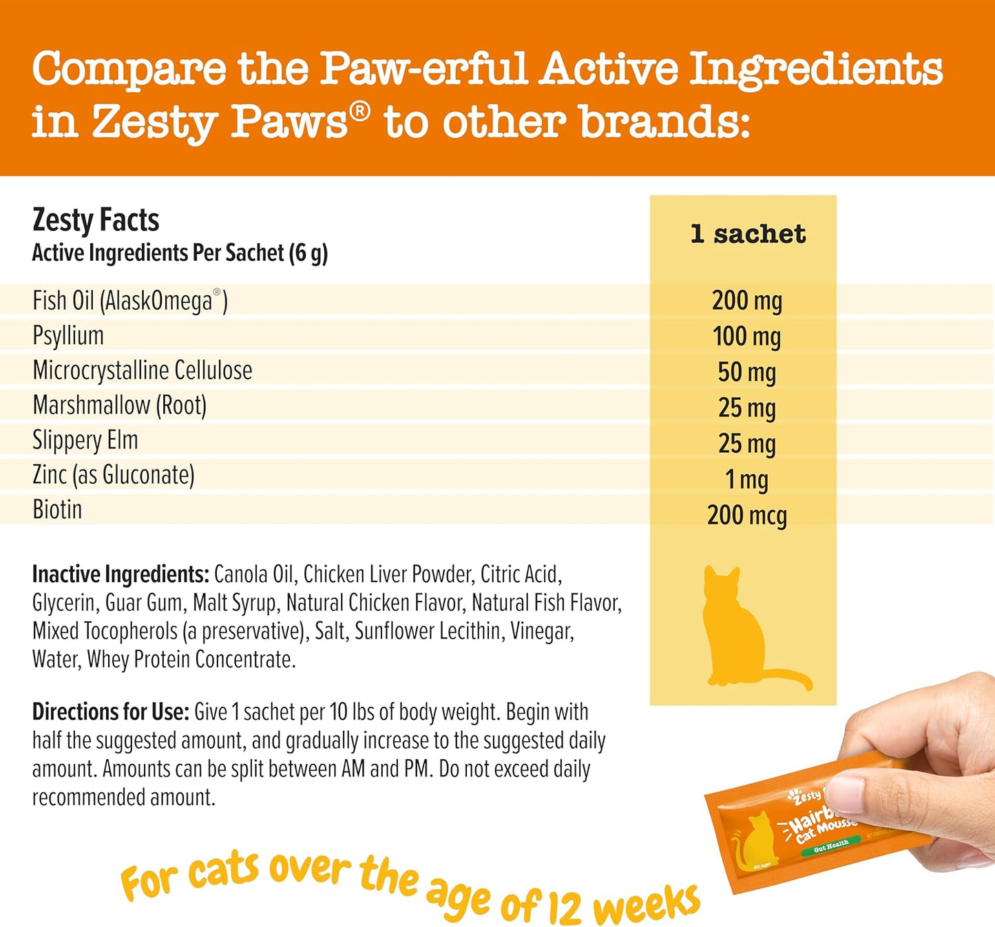 Back label of Zesty Paws cat mousse showing active ingredients psyllium and fish oil