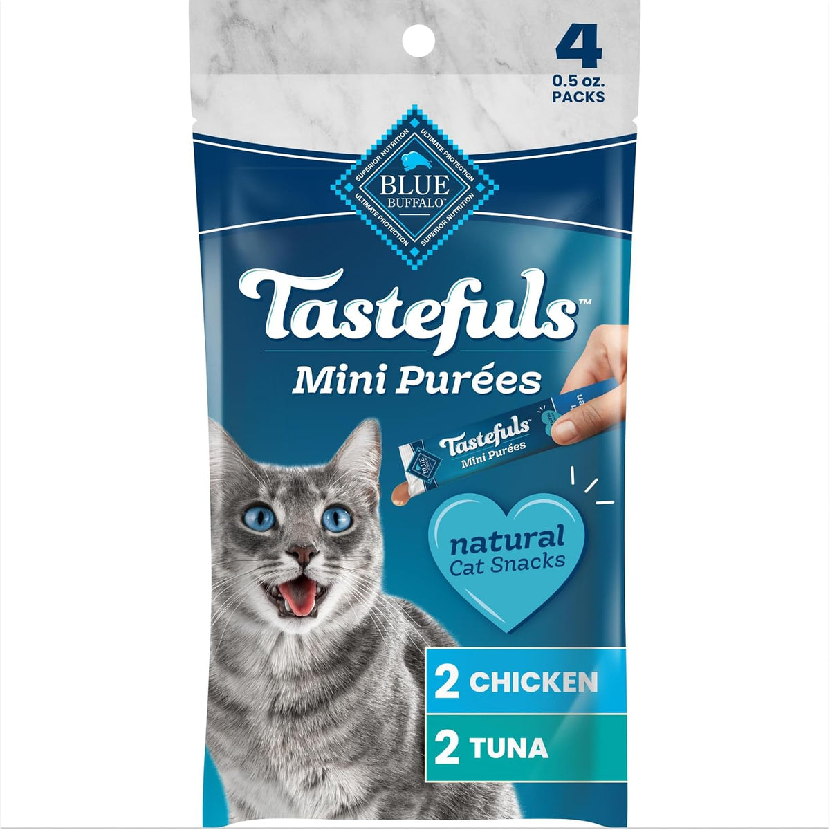 Blue Buffalo Tastefuls Mini Pures Natural Cat Treats, Chicken, Tuna, Salmon Variety Pack, 0.5 oz. Single Servings, 24-Count - Image 13