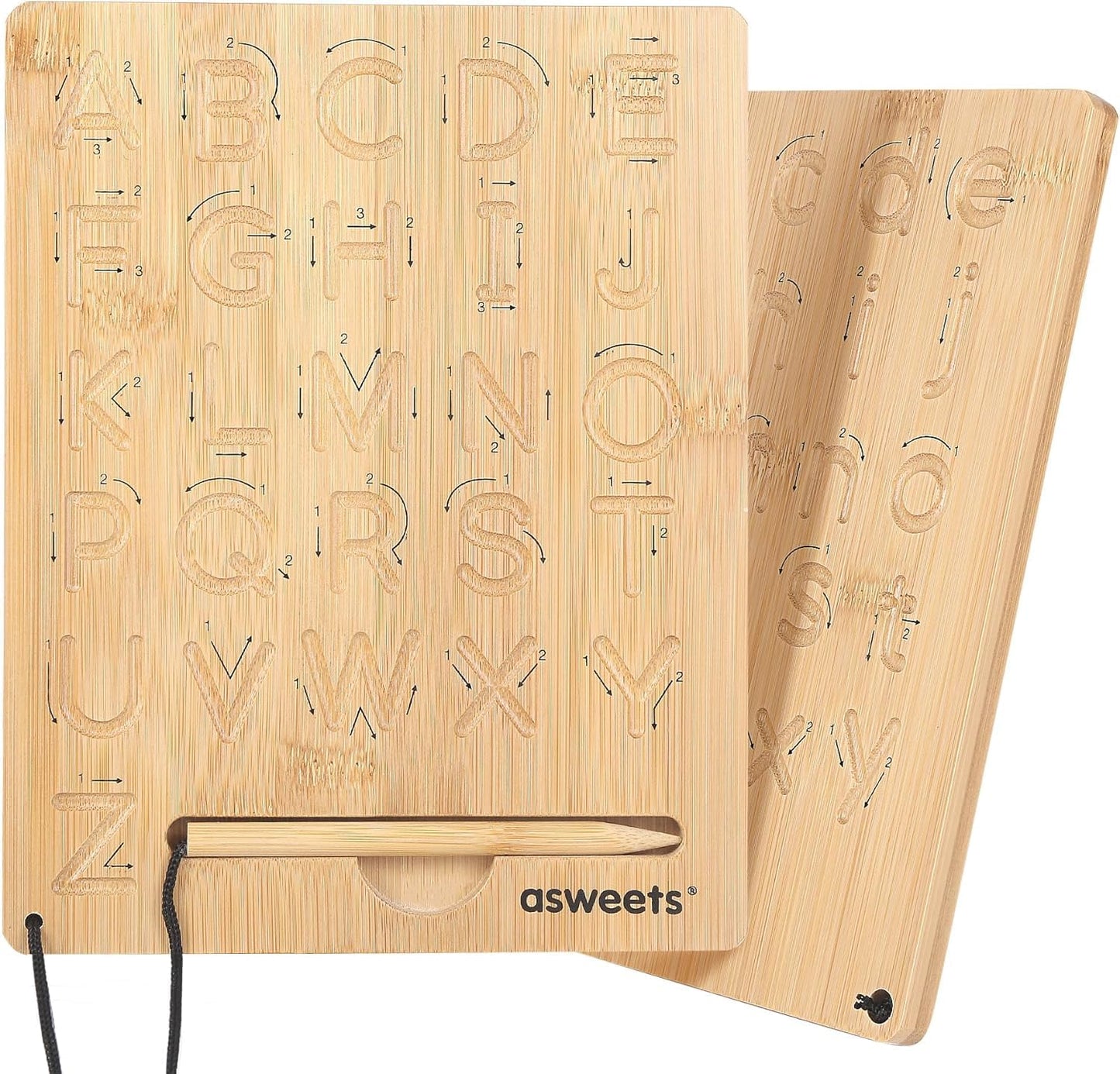 Asweets Montessori wooden alphabet tracing board front view showing uppercase letters and stylus