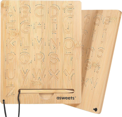 Asweets Montessori wooden alphabet tracing board front view showing uppercase letters and stylus