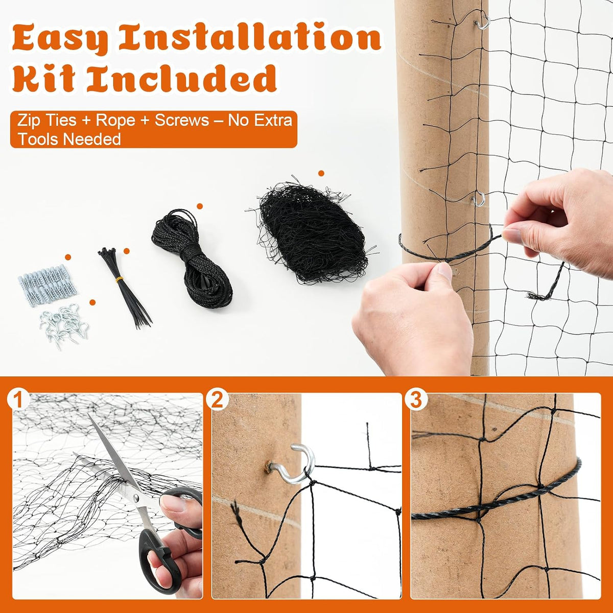 Installation hardware including zip ties and screws for pet safety net
