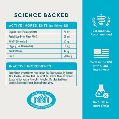 Back label of VetIQ furball control treats highlighting psyllium husk and slippery elm ingredients.