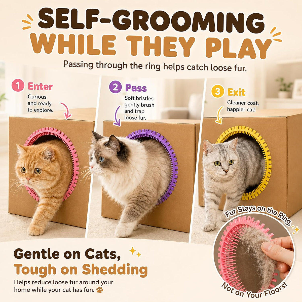 DIY cat house setup with self grooming brush rings attached