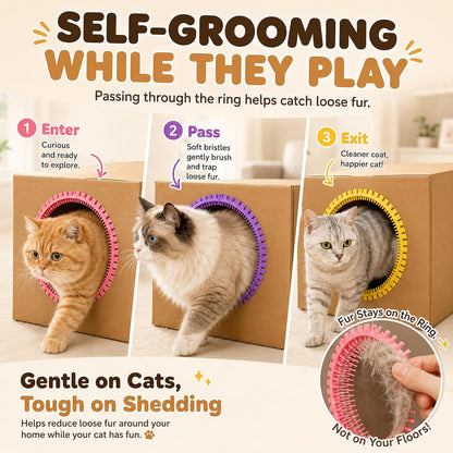DIY cat house setup with self grooming brush rings attached