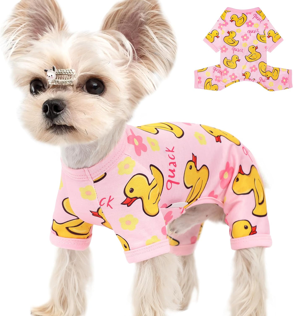 Viunimo dog pajamas front view yellow duck print summer pet clothes
