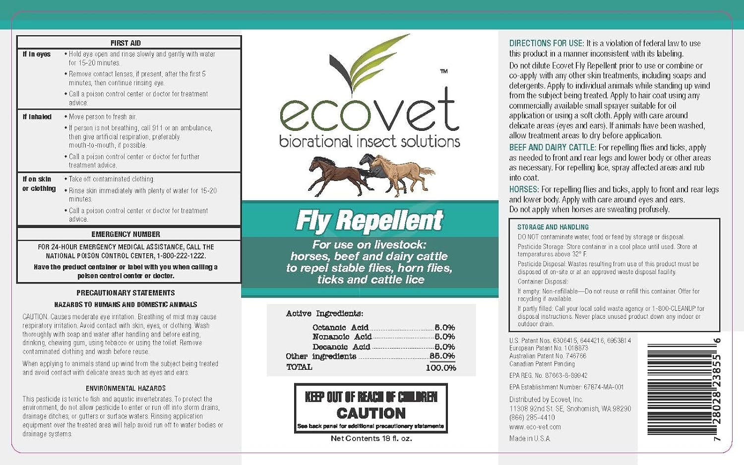 Ecovet natural fatty acid insecticide spray bottle packaging label details