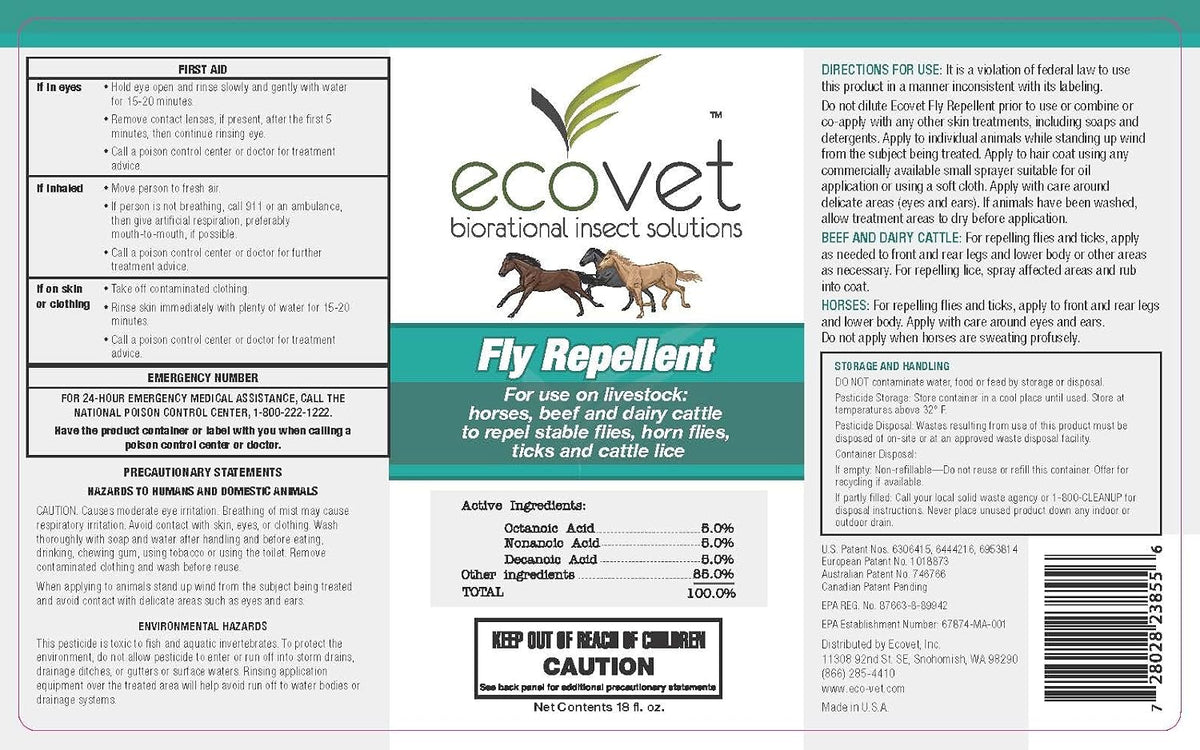 Ecovet natural fatty acid insecticide spray bottle packaging label details