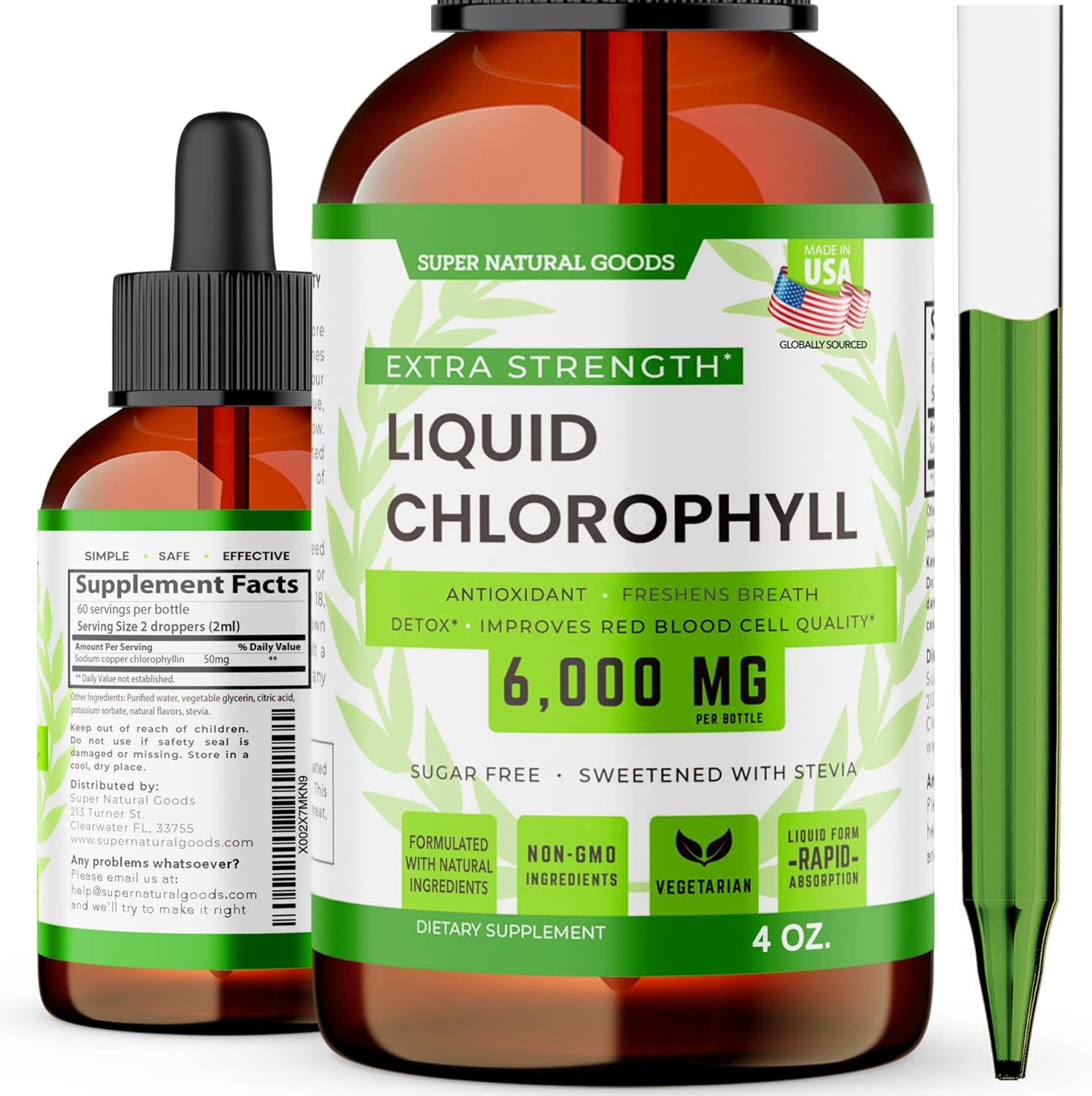 Super Natural Goods Liquid Chlorophyll Drops front view bottle for natural wellness