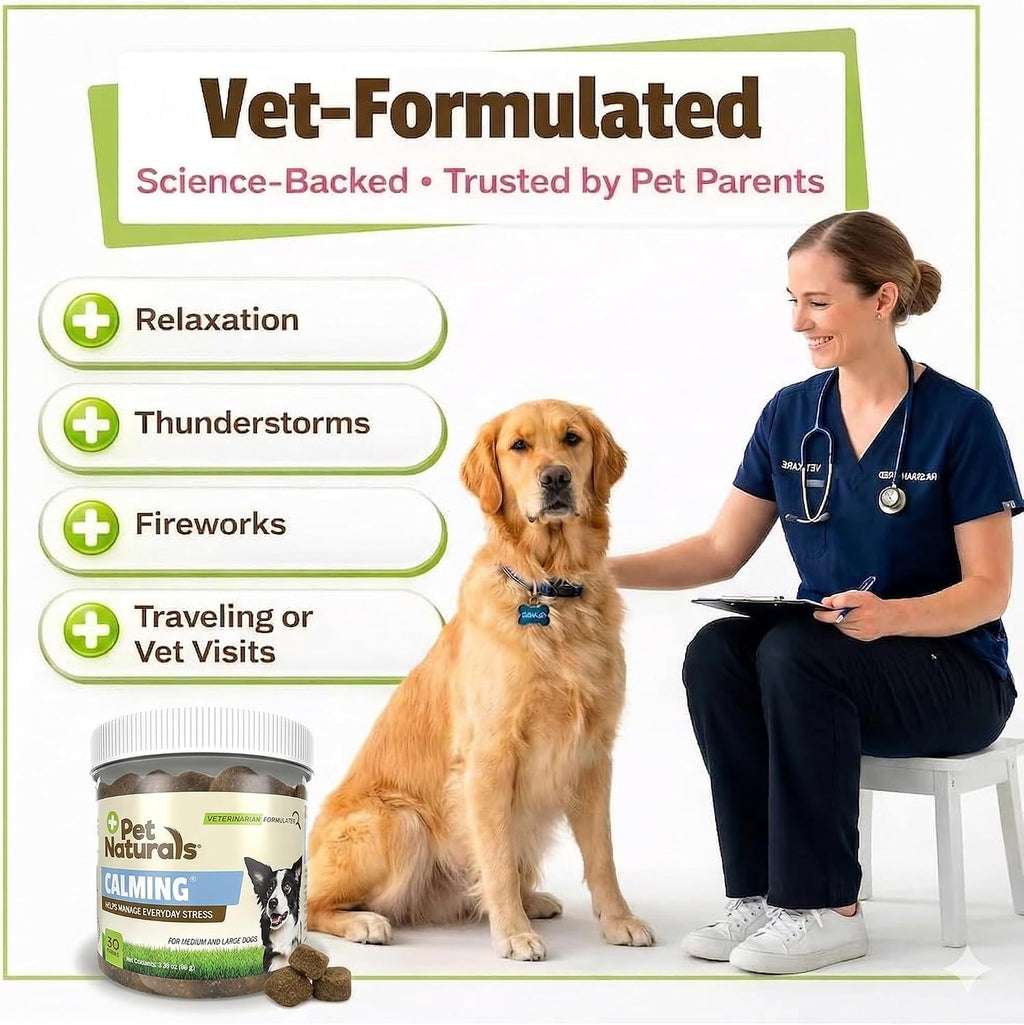 Pet Naturals dog anxiety relief 30 count container showing active ingredients list