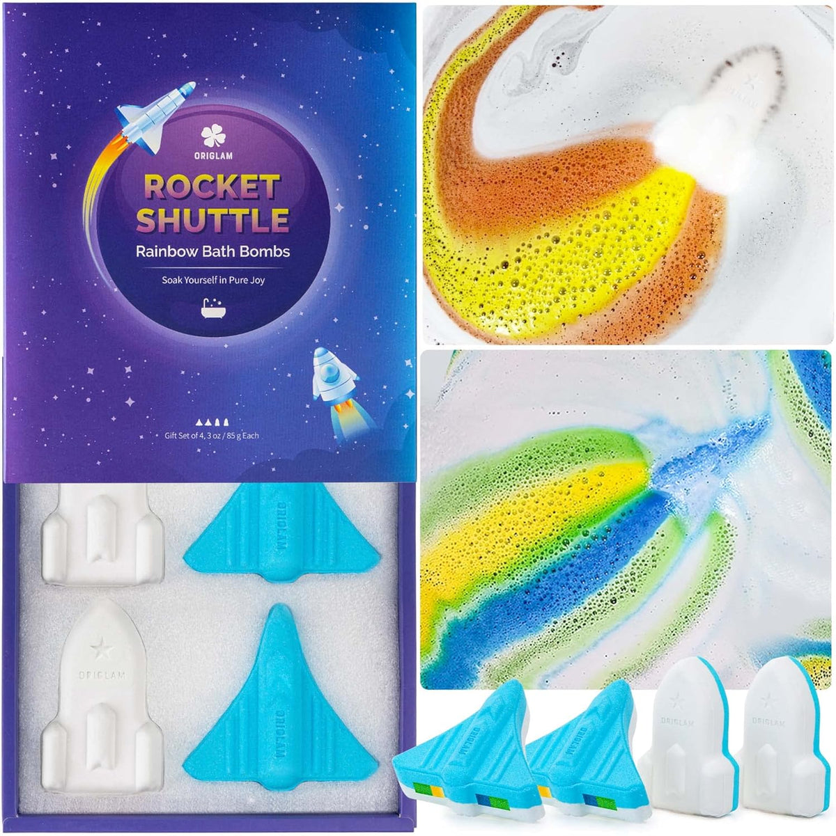 Origlam space rocket rainbow bath bombs front view of the 4 count gift set box