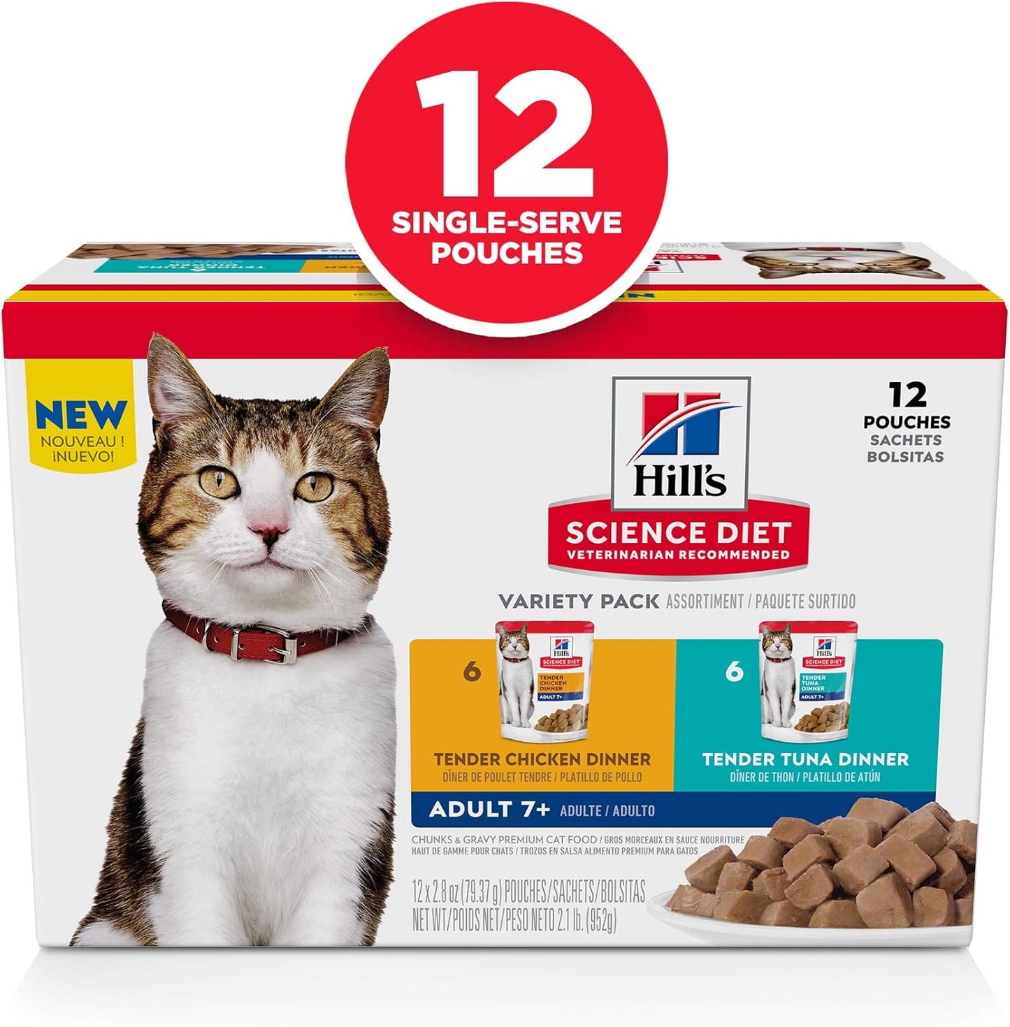 Hill's Science Diet Senior 7 Plus Tender Tuna Dinner pouch ingredient highlights.