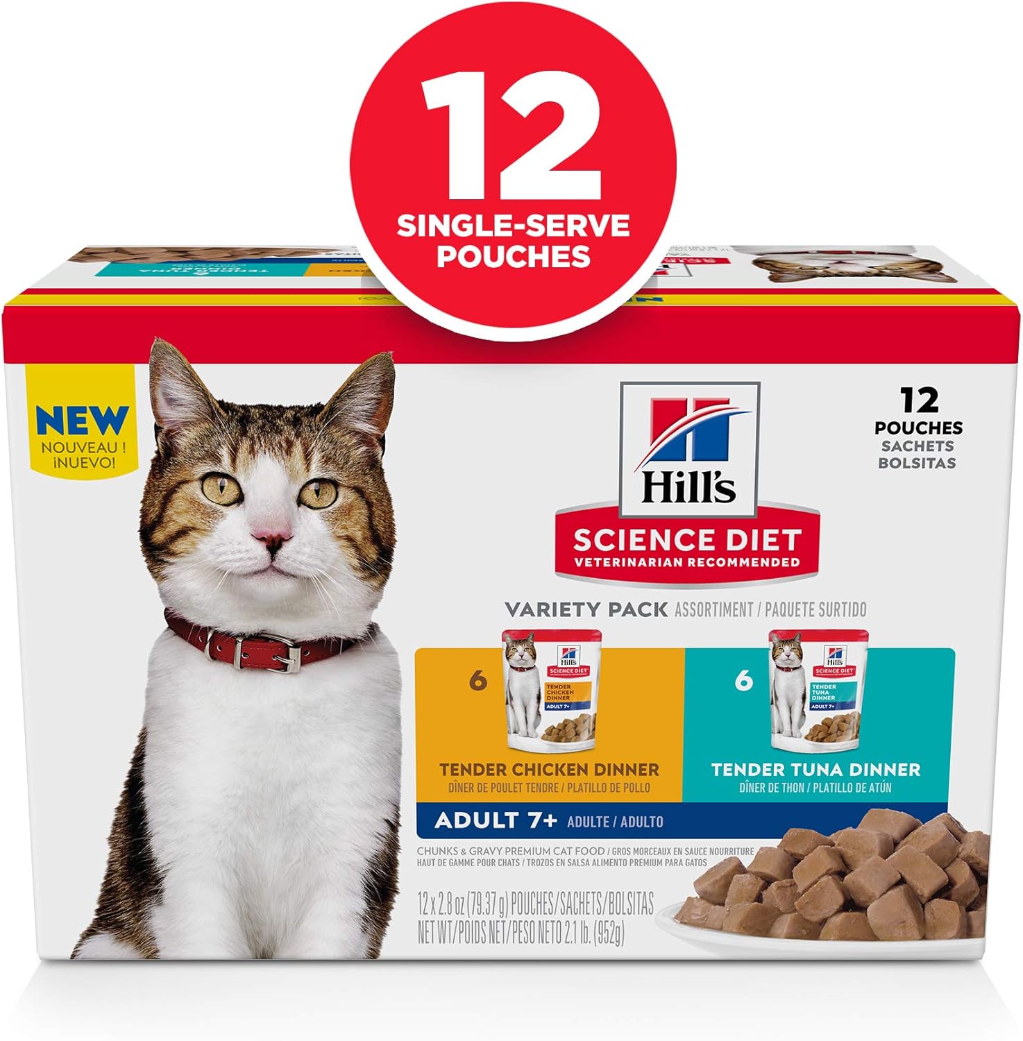 Hill's Science Diet Senior 7 Plus Tender Tuna Dinner pouch ingredient highlights.