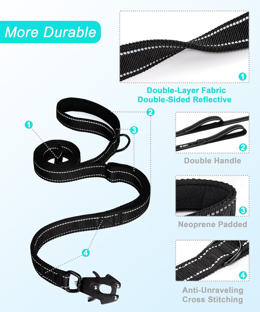 Black heavy duty dog leash attached to a harness highlighting the built in D ring