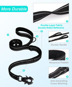 Black heavy duty dog leash attached to a harness highlighting the built in D ring
