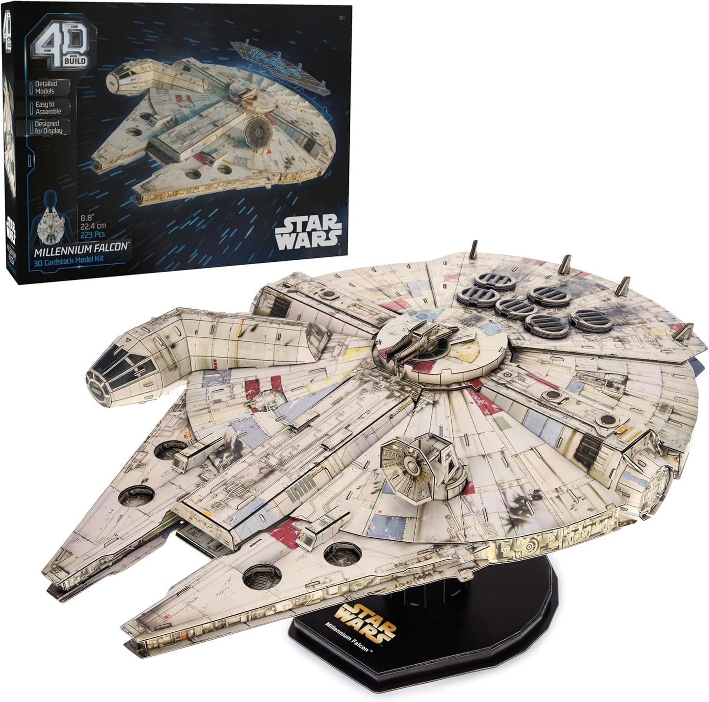 4D Build Star Wars Millennium Falcon 3D model kit box front view showing completed cardstock starship replica.