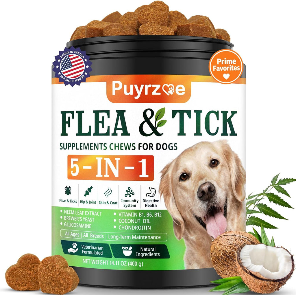 Puyrzoe 5-in-1 dog flea and tick treatment chewable supplement jar front view