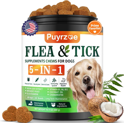 Puyrzoe 5-in-1 dog flea and tick treatment chewable supplement jar front view