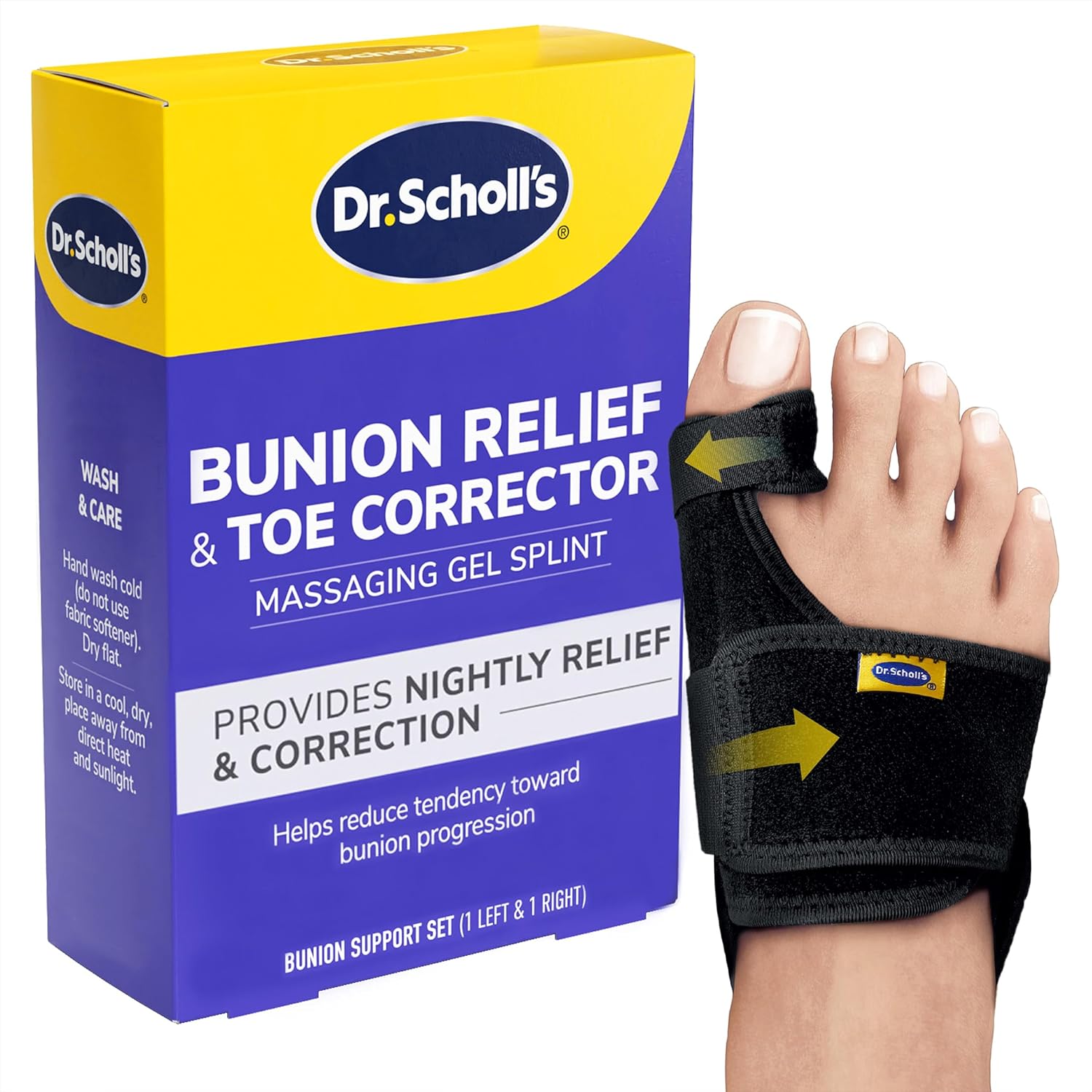 Dr. Scholl's Bunion Relief and Toe Corrector set showing left and right splints.