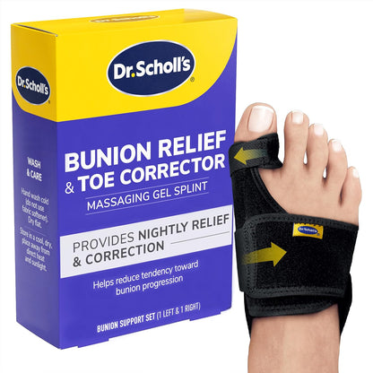 Dr. Scholl's Bunion Relief and Toe Corrector set showing left and right splints.