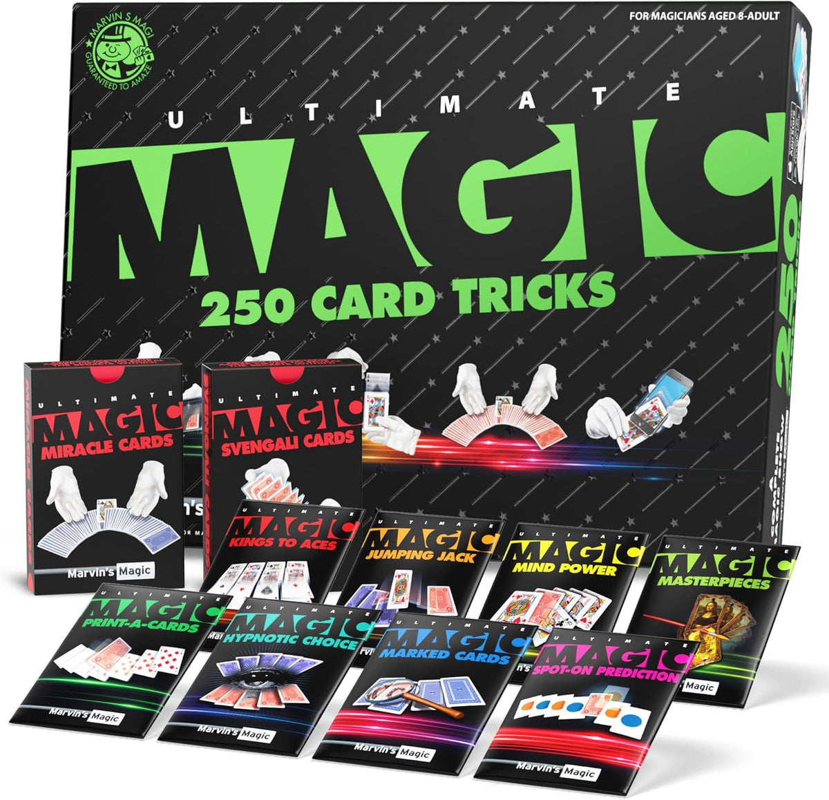 Marvin's Magic Ultimate 250 Card Tricks Set front packaging view showing professional magician brand logo