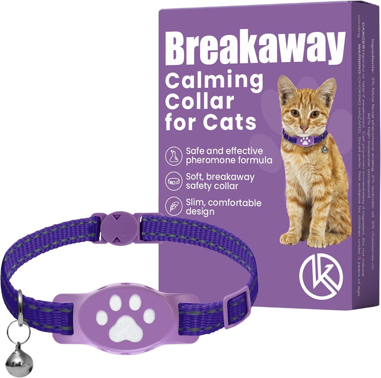 Kitty Kompass Breakaway Calming Collar Plus front view of the purple feline anxiety relief collar.