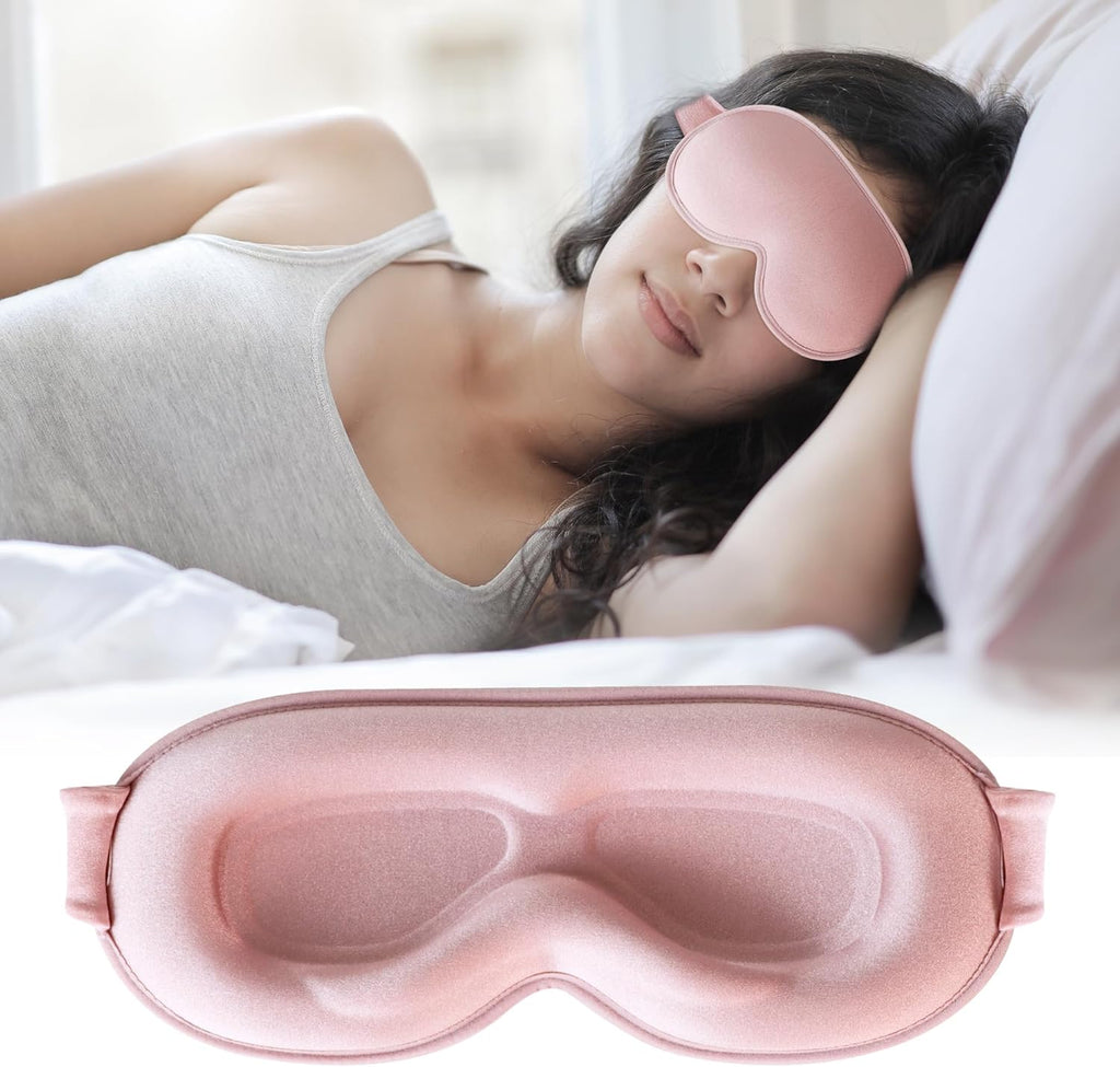 Quwolace 3D Deep Contoured Sleep Mask front view in pink for blackout rest.
